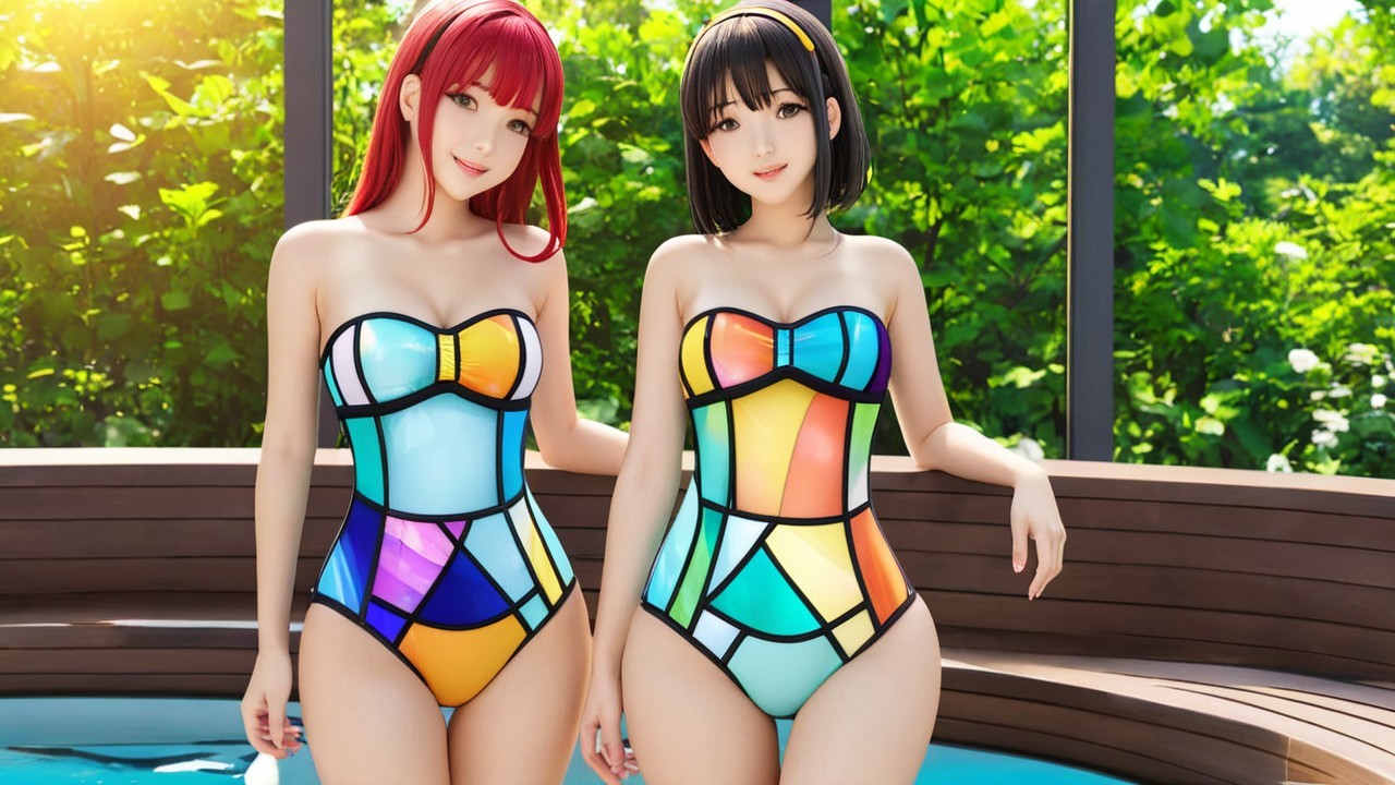 Women in Colorful Swimsuits by a Poolside Scene