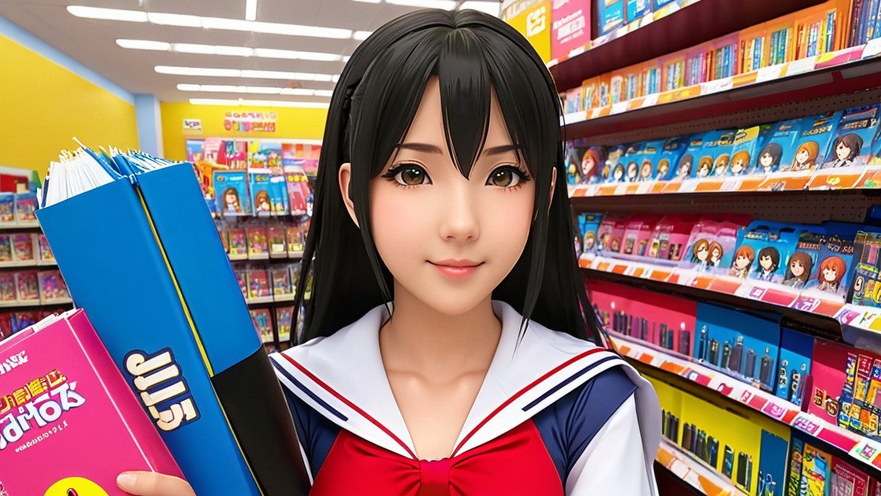 Young girl in school uniform in vibrant bookstore aisle