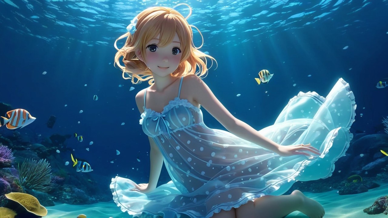 Underwater Scene with Girl in Polka-Dotted Dress