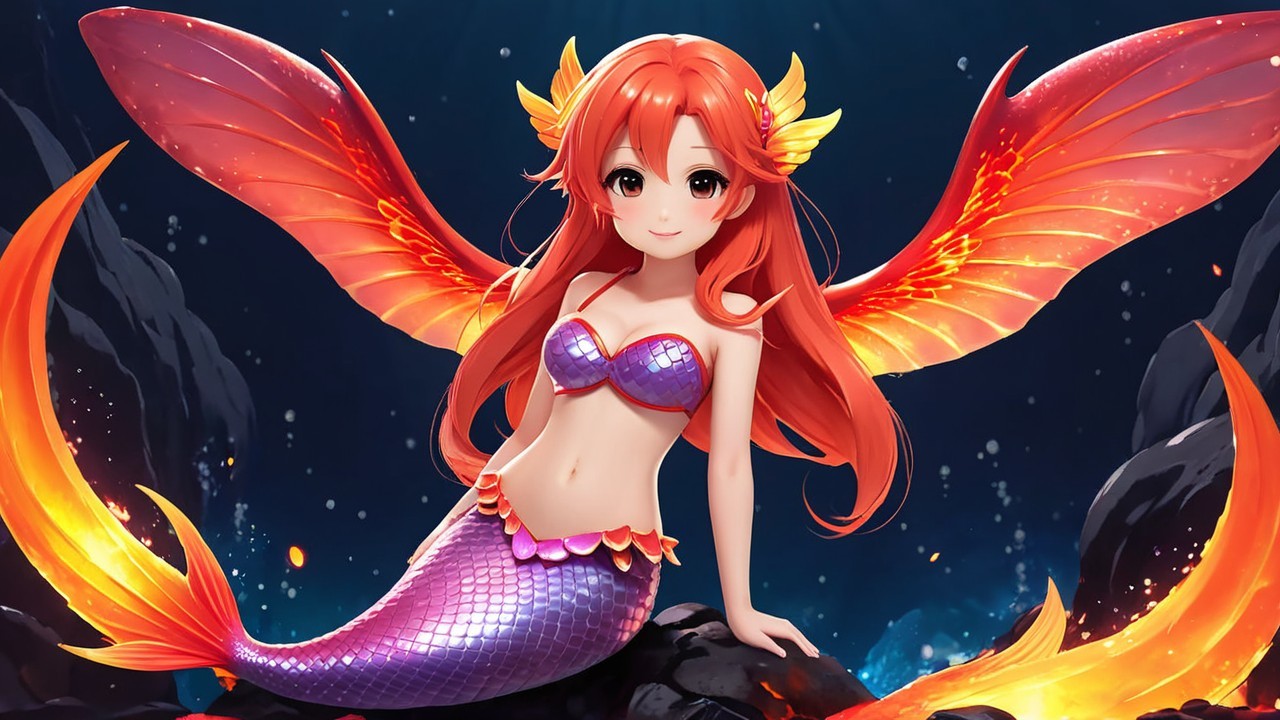 Mermaid with Red Hair and Enchanting Wings in Ocean