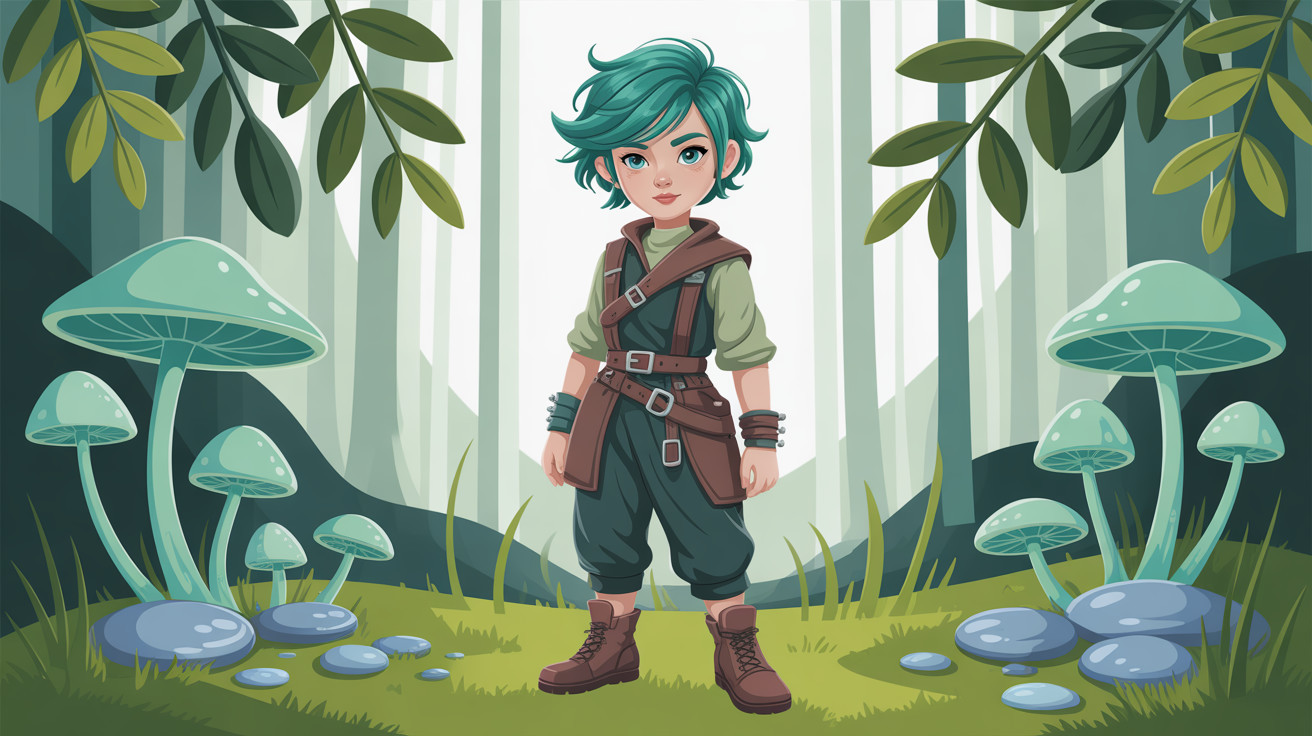 Green Haired Girl in Forest with Blue Mushrooms