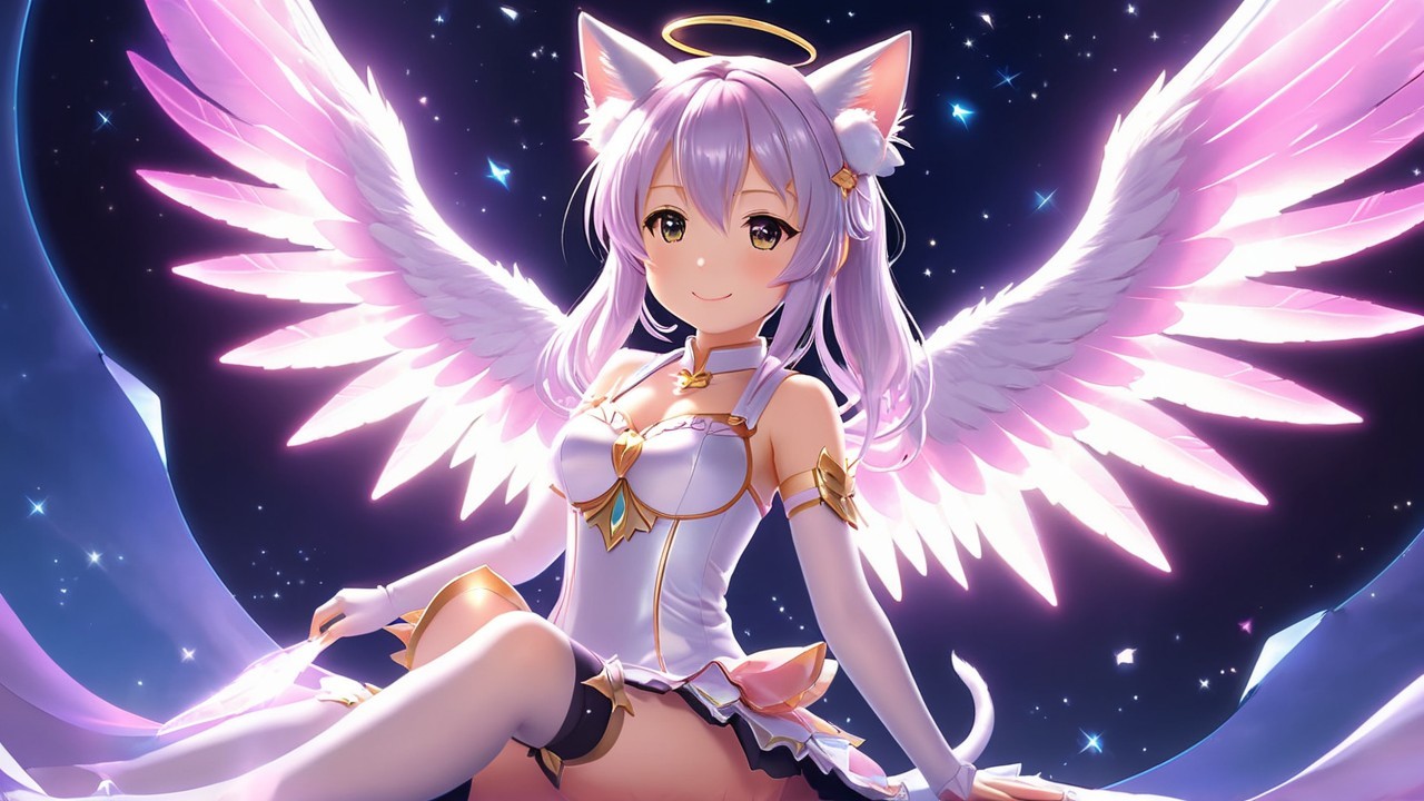 Celestial Character with Cat Ears and Angelic Wings