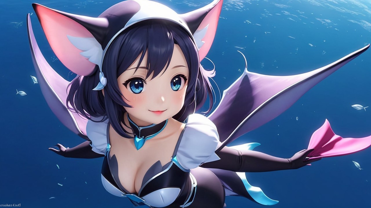 Whimsical Anime Character Soaring Over Vibrant Ocean