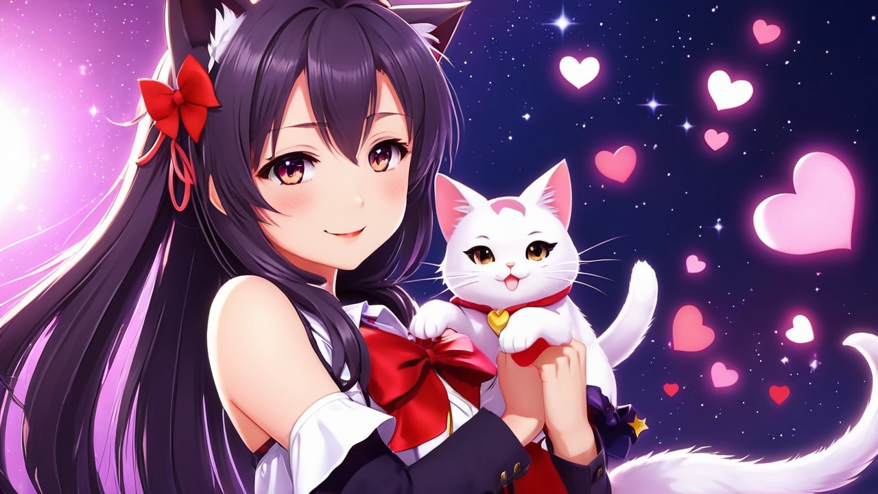 Playful scene of a woman with cat ears and a cat