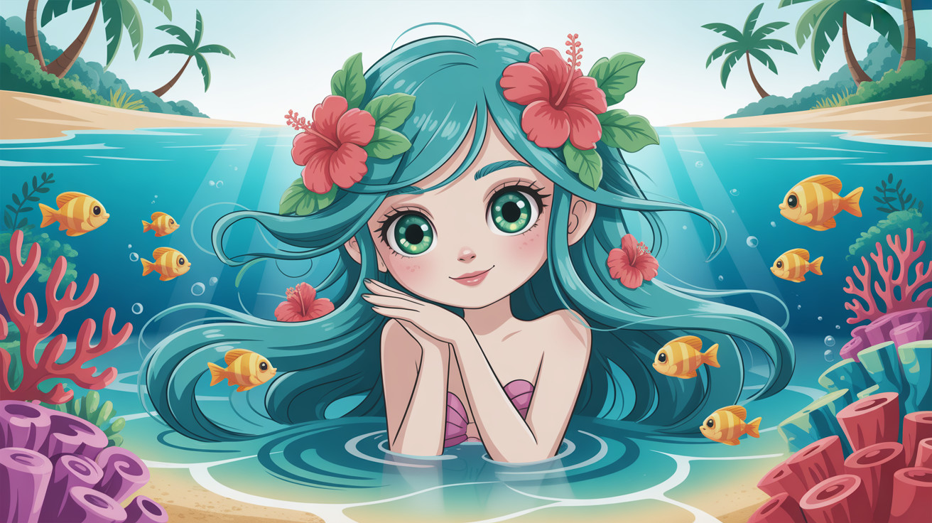 Charming chibi mermaid in blue ocean with fish and coral