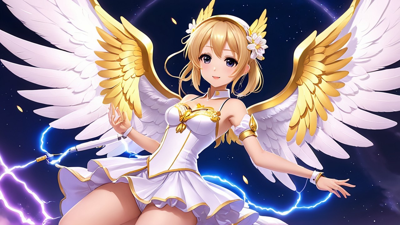 Ethereal Character with Angelic Wings and Cosmic Background