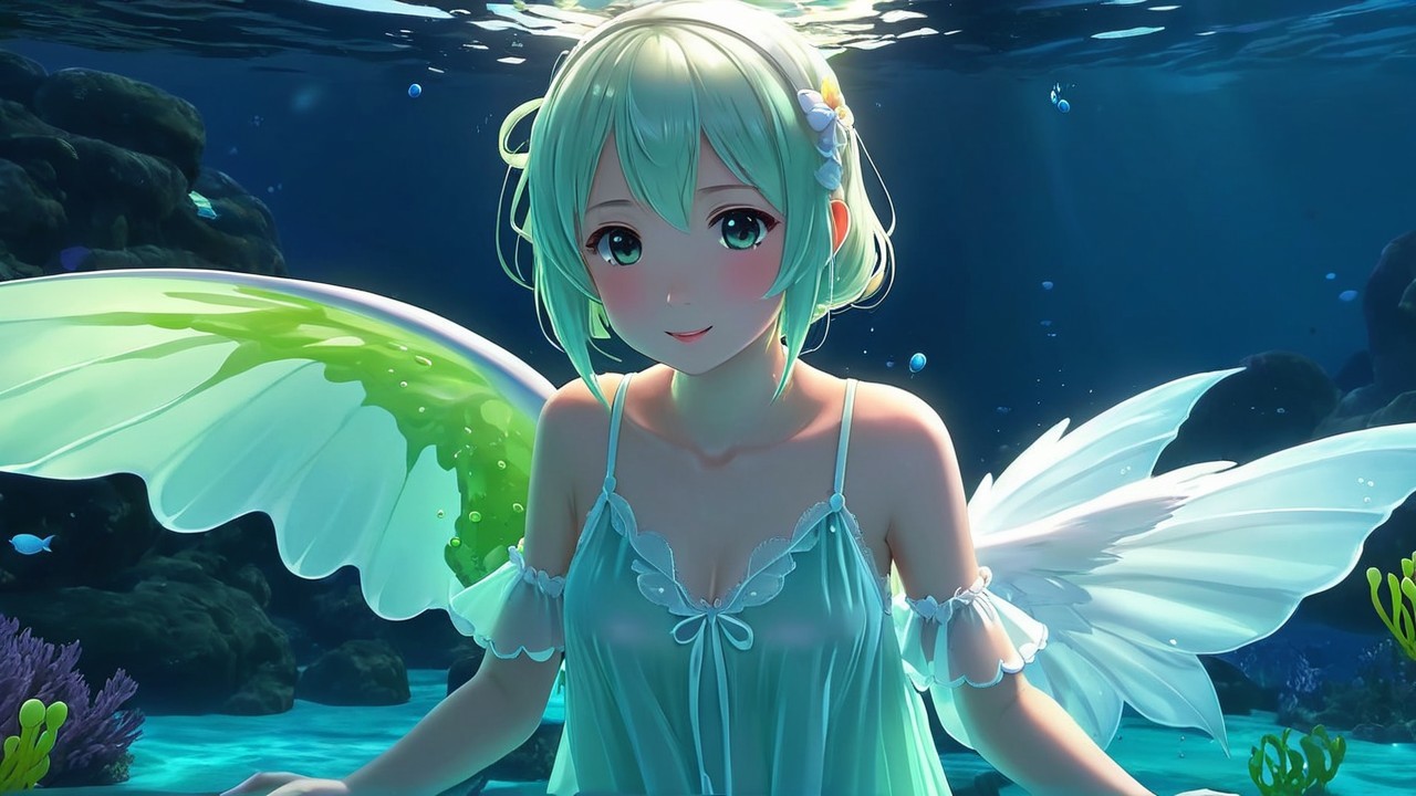 Underwater Scene with Girl, Coral, and Fish