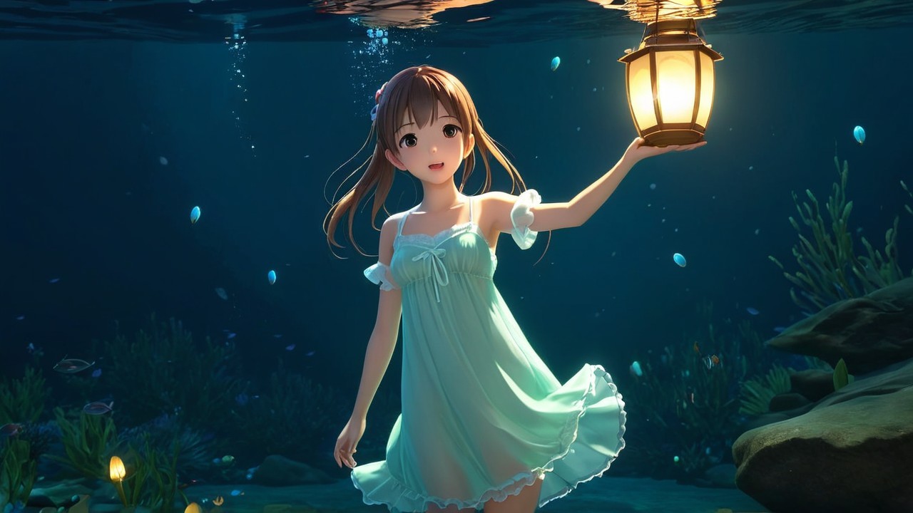 Young girl in green dress underwater with lantern and fish