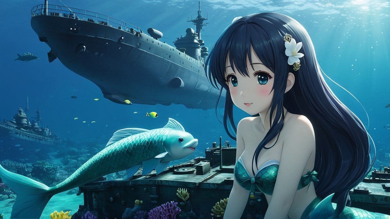 Underwater Scene with Girl, Fish, and Sunken Ship
