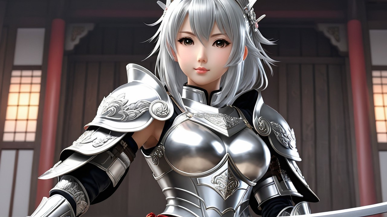 Female warrior in silver armor with traditional backdrop