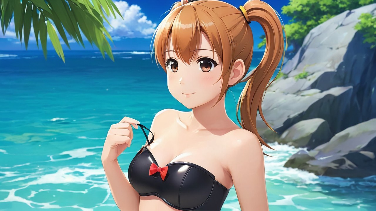 Cheerful anime character in stylish bikini by ocean