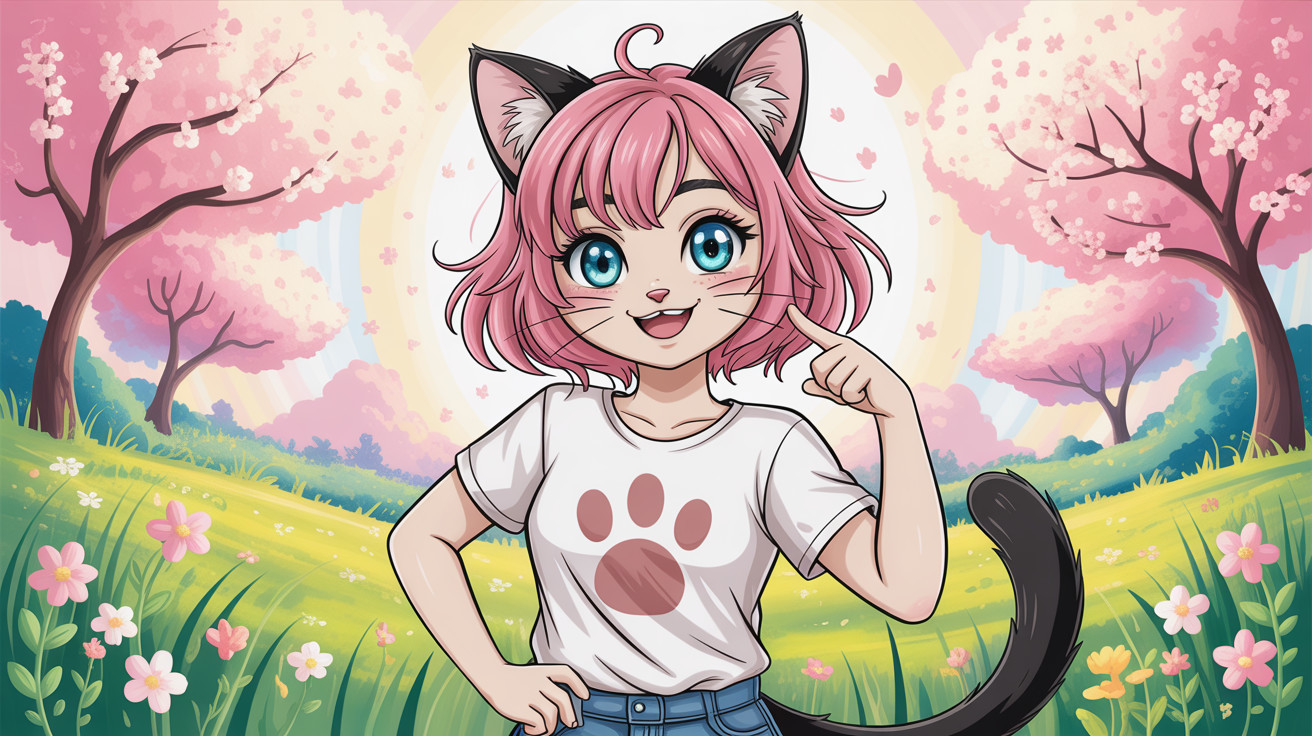Anime Girl with Pink Hair and Cat Features