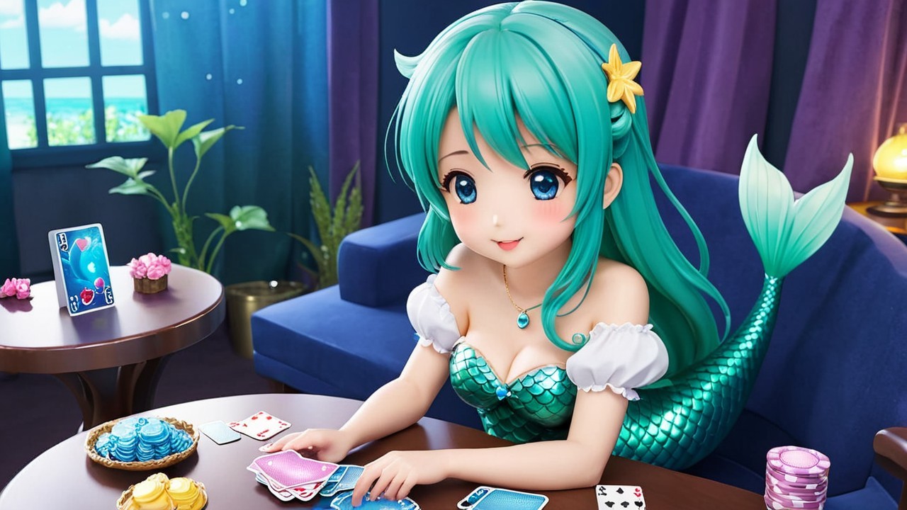 Mermaid Girl at Cozy Card Game Table by the Ocean