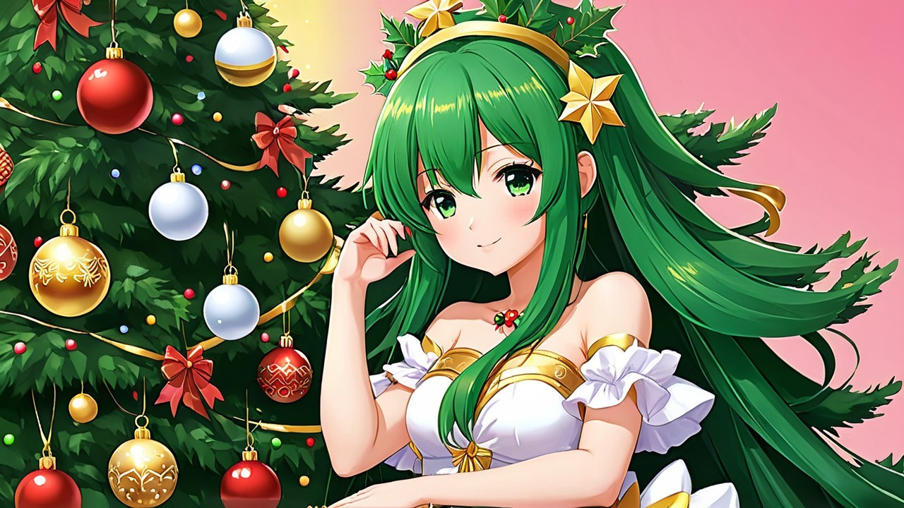 Cheerful Anime Character with Christmas Tree Background