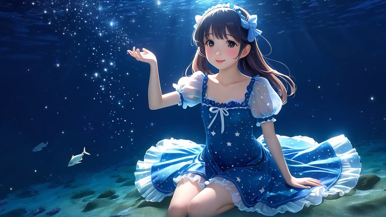 Young girl in blue dress sitting underwater with fish