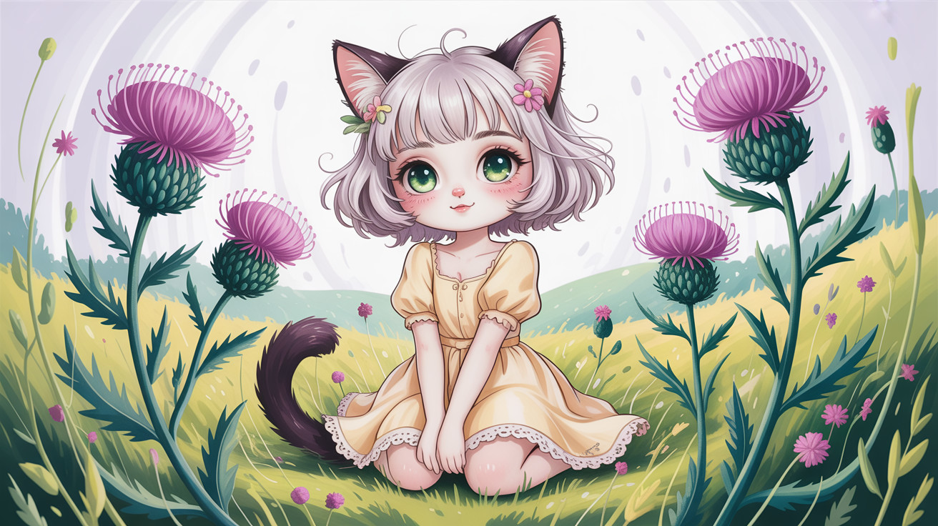 Anime Cat Girl in Yellow Dress in Green Field