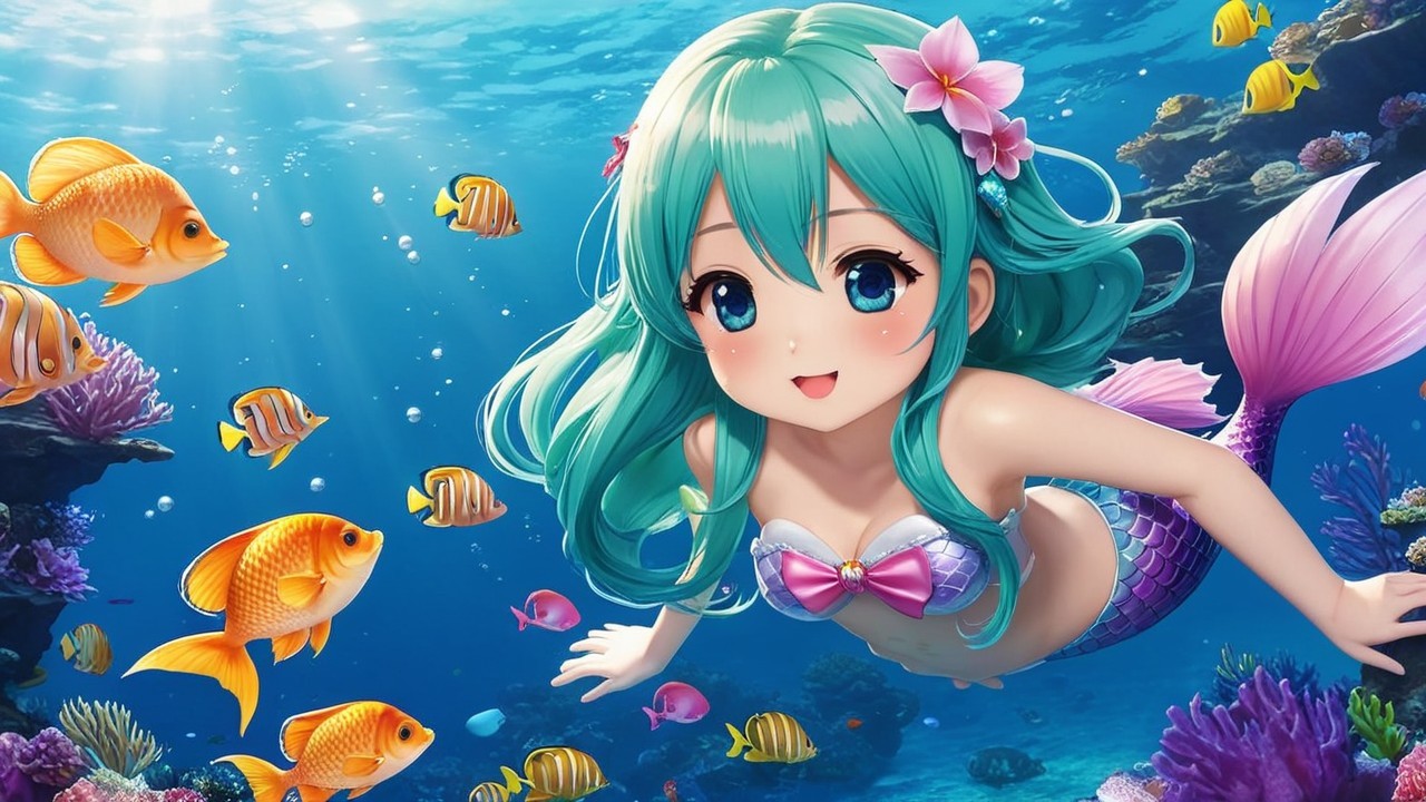 Cheerful underwater scene with a cute mermaid