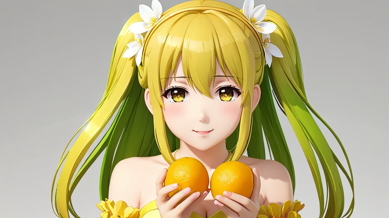 Cheerful anime character with yellow hair and dress