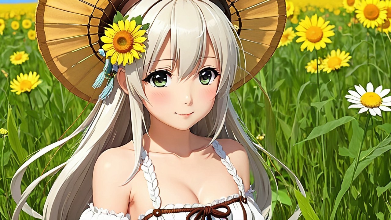 Young woman in sunflower field with straw hat