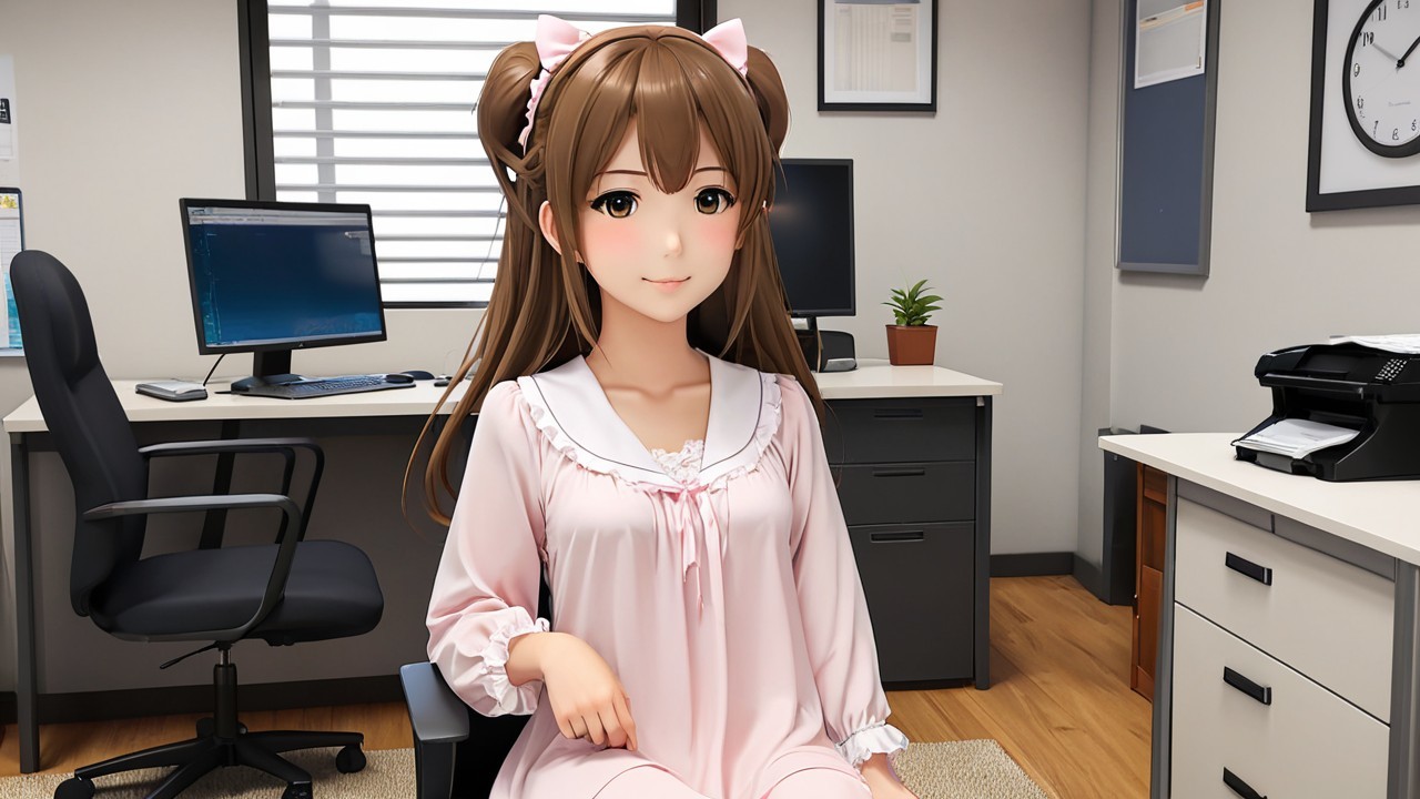 Young Woman in Pink Nightgown in Office Setting