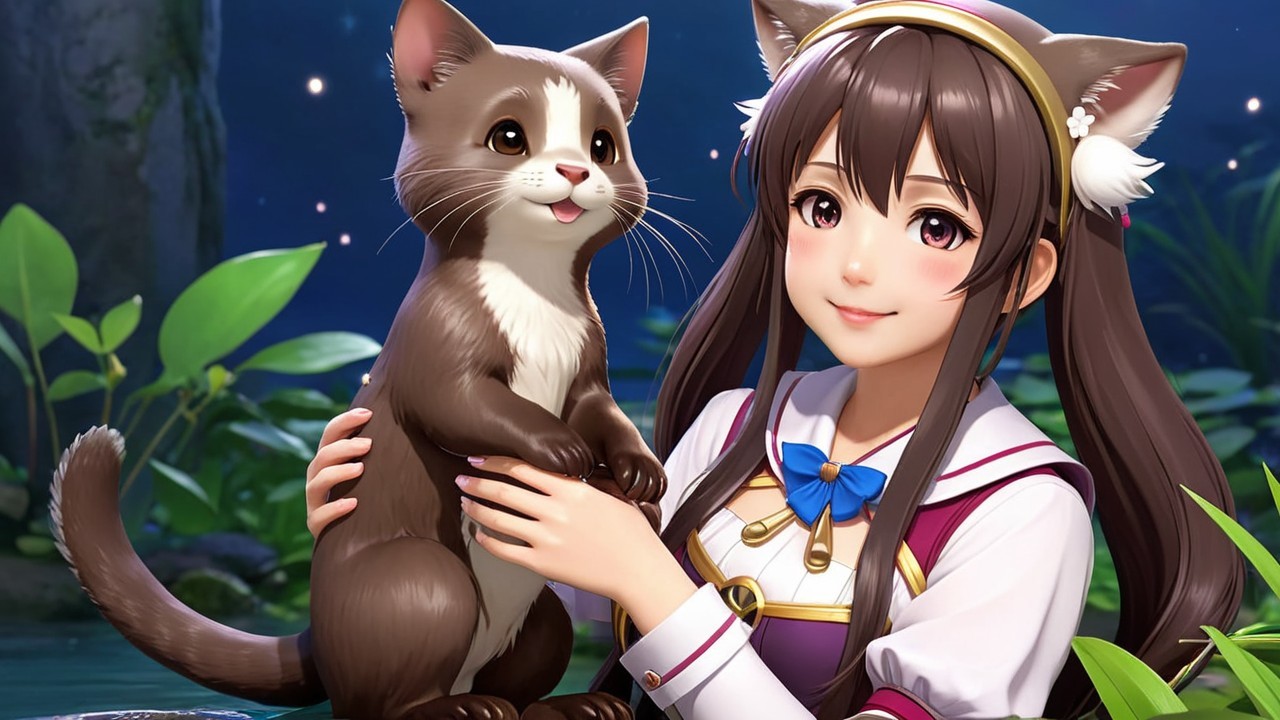 Young girl with cat ears holding a cartoon cat in greenery