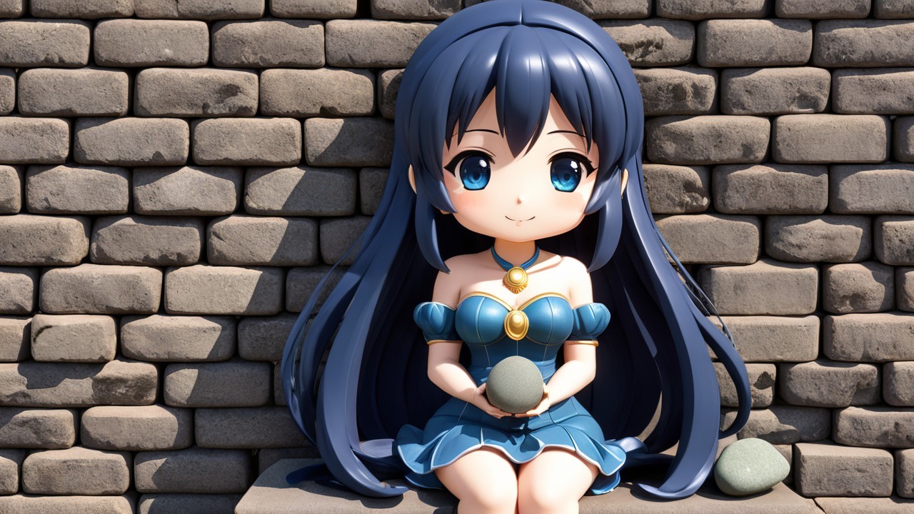 Chibi Character with Blue Hair by Stone Wall