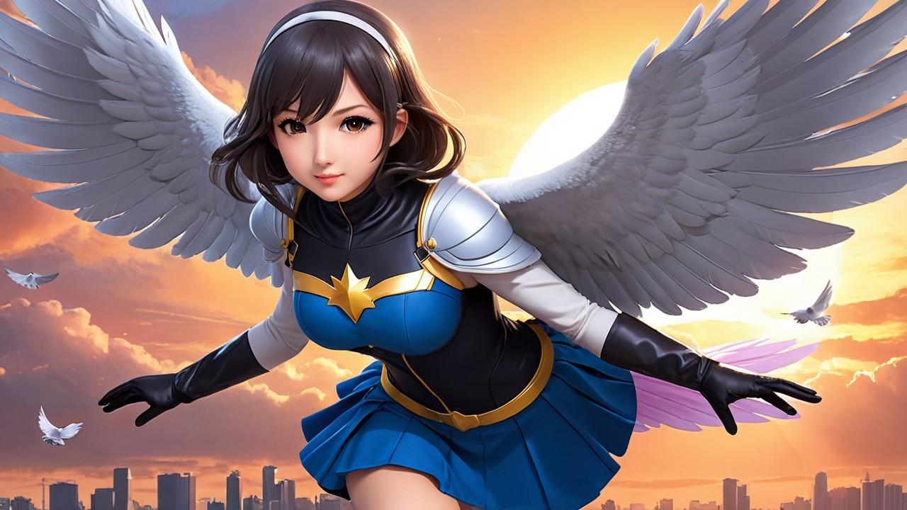 Female superhero with white wings at sunset