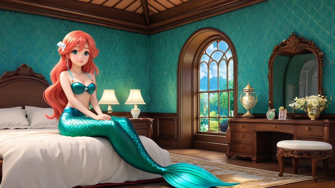 Mermaid in Bright Room with Turquoise Wallpaper