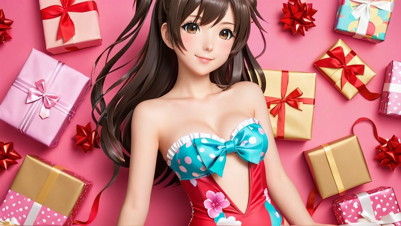 Young woman in floral swimsuit with colorful gifts