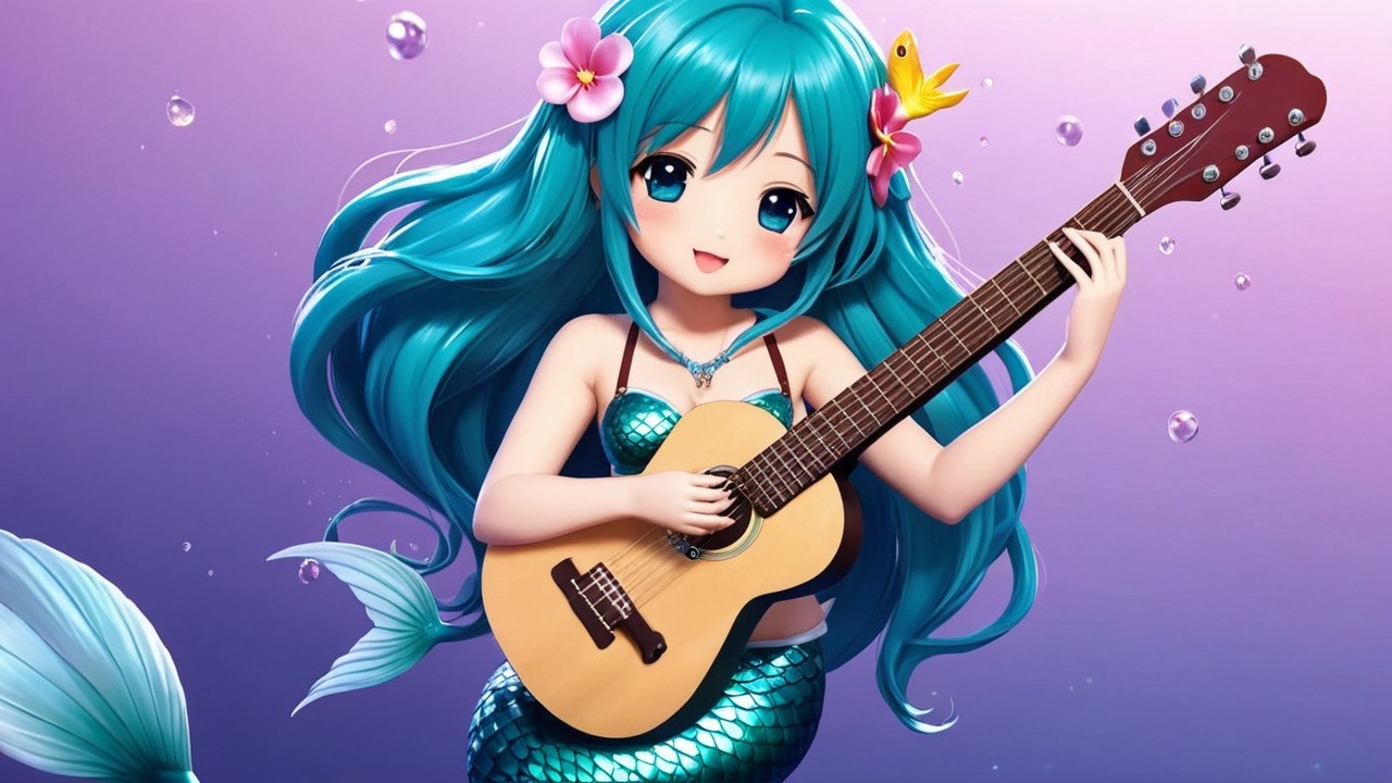 Cartoon Mermaid with Guitar in Whimsical Underwater Scene