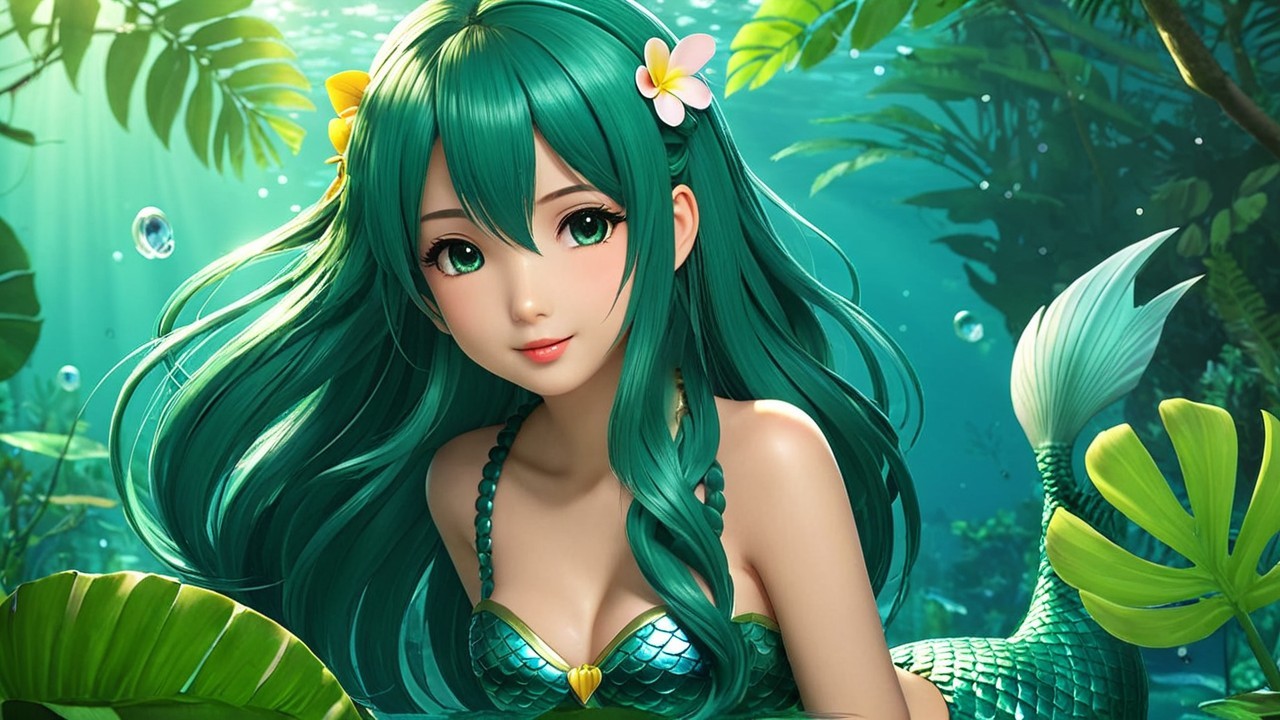 Mermaid with Green Hair in Underwater Scene
