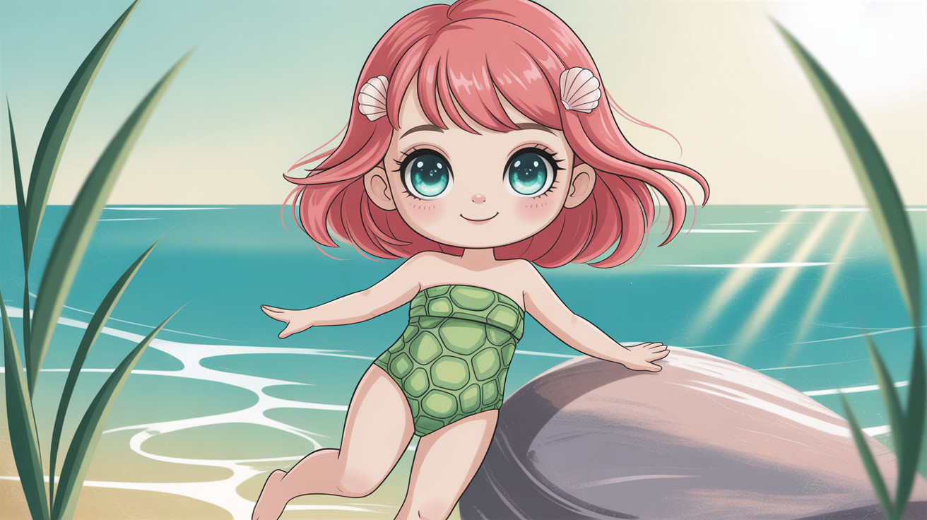 Chibi Girl in Colorful Swimsuit on Sandy Beach
