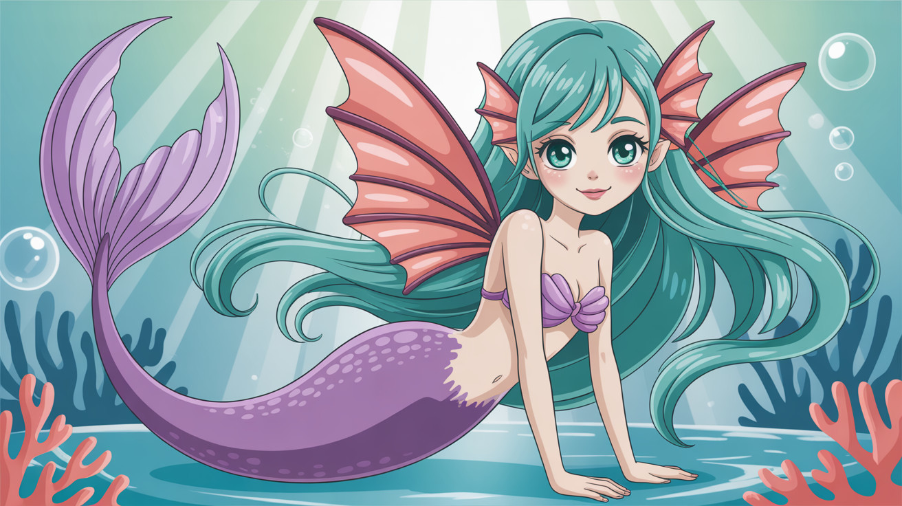 Cute anime mermaid with vibrant features underwater