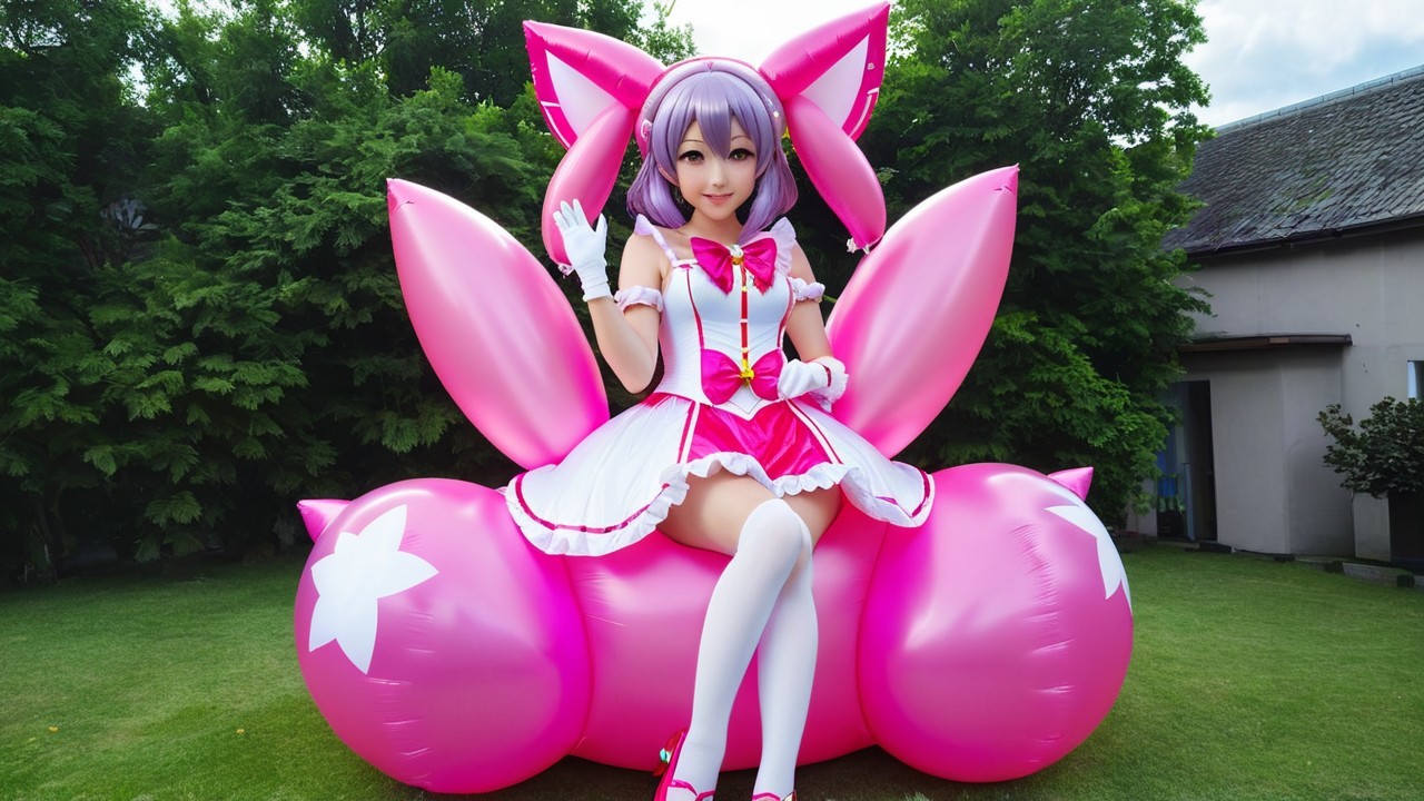 Playful Character in Pink Costume on Inflatable Structure