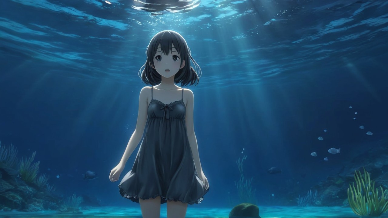 Underwater Scene with Girl in Dark Dress and Fish