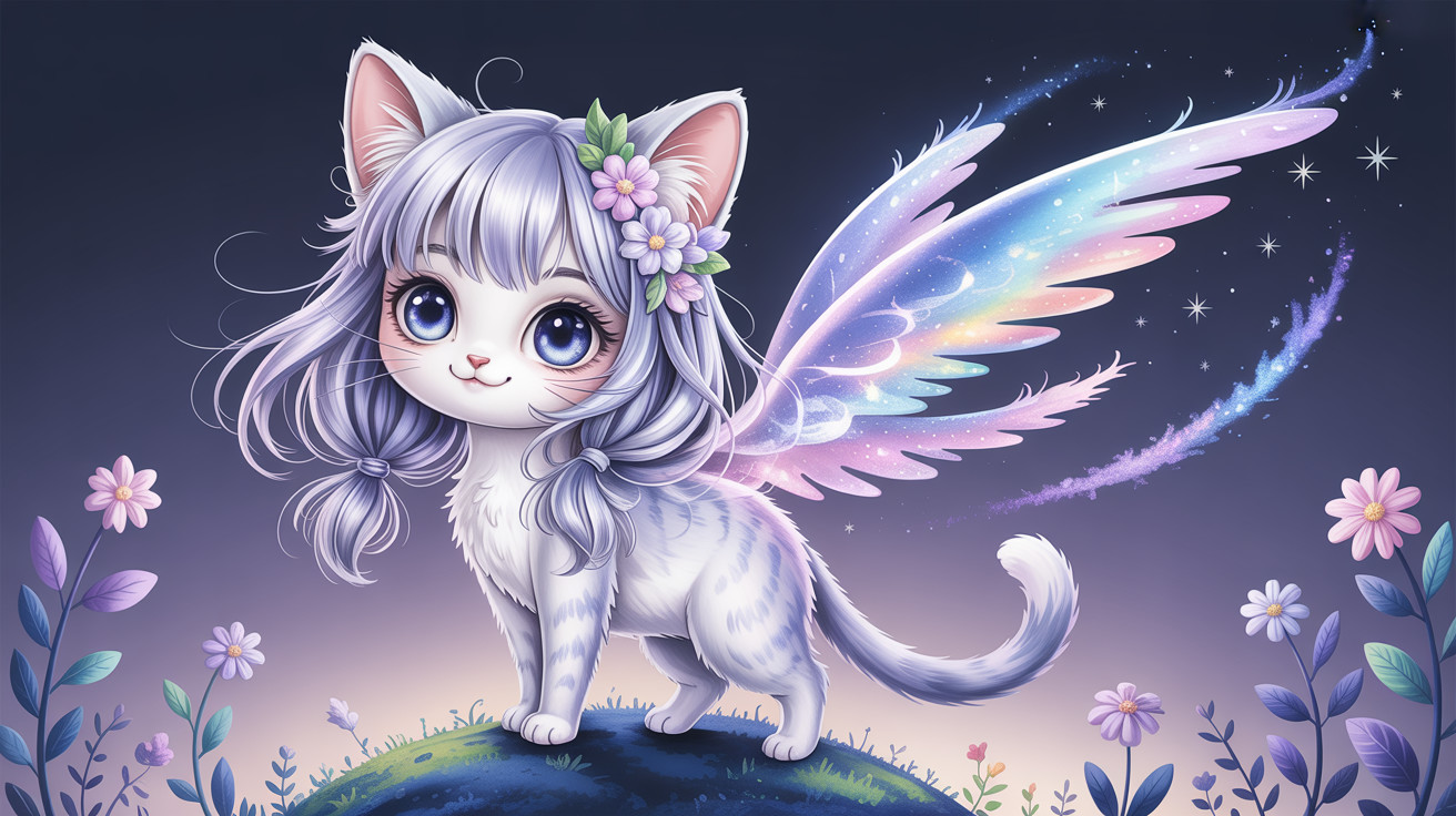 Chibi Cat-Like Creature with Lavender Hair and Flowers