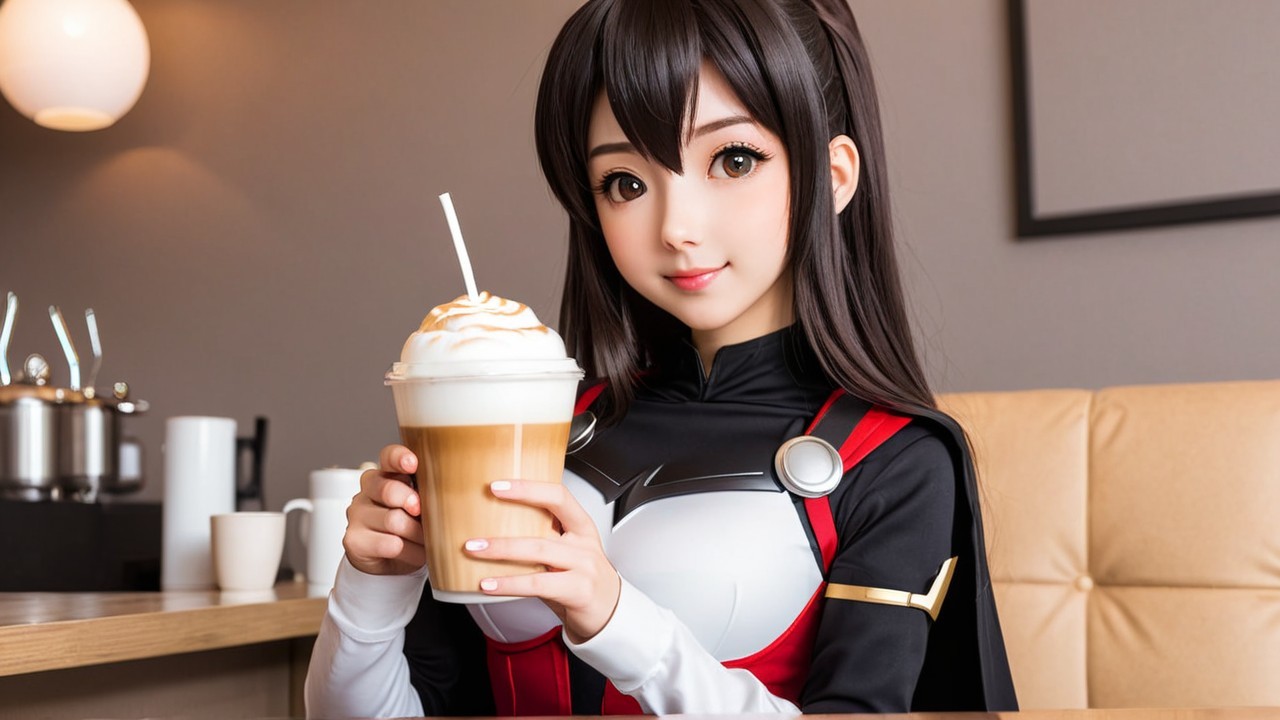 Young woman in superhero outfit at cafe with iced coffee