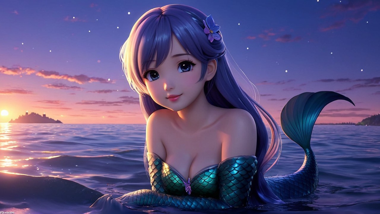 Mermaid with Lavender Hair in Sunset Ocean Scene