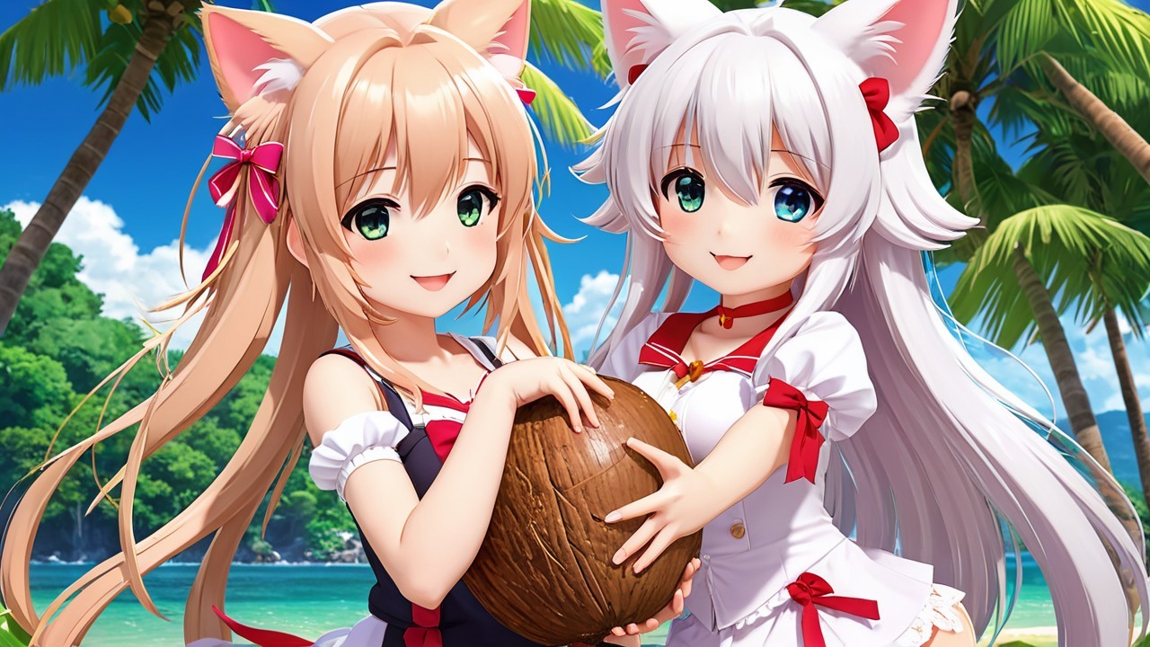 Cheerful anime characters on a sunny beach with coconuts