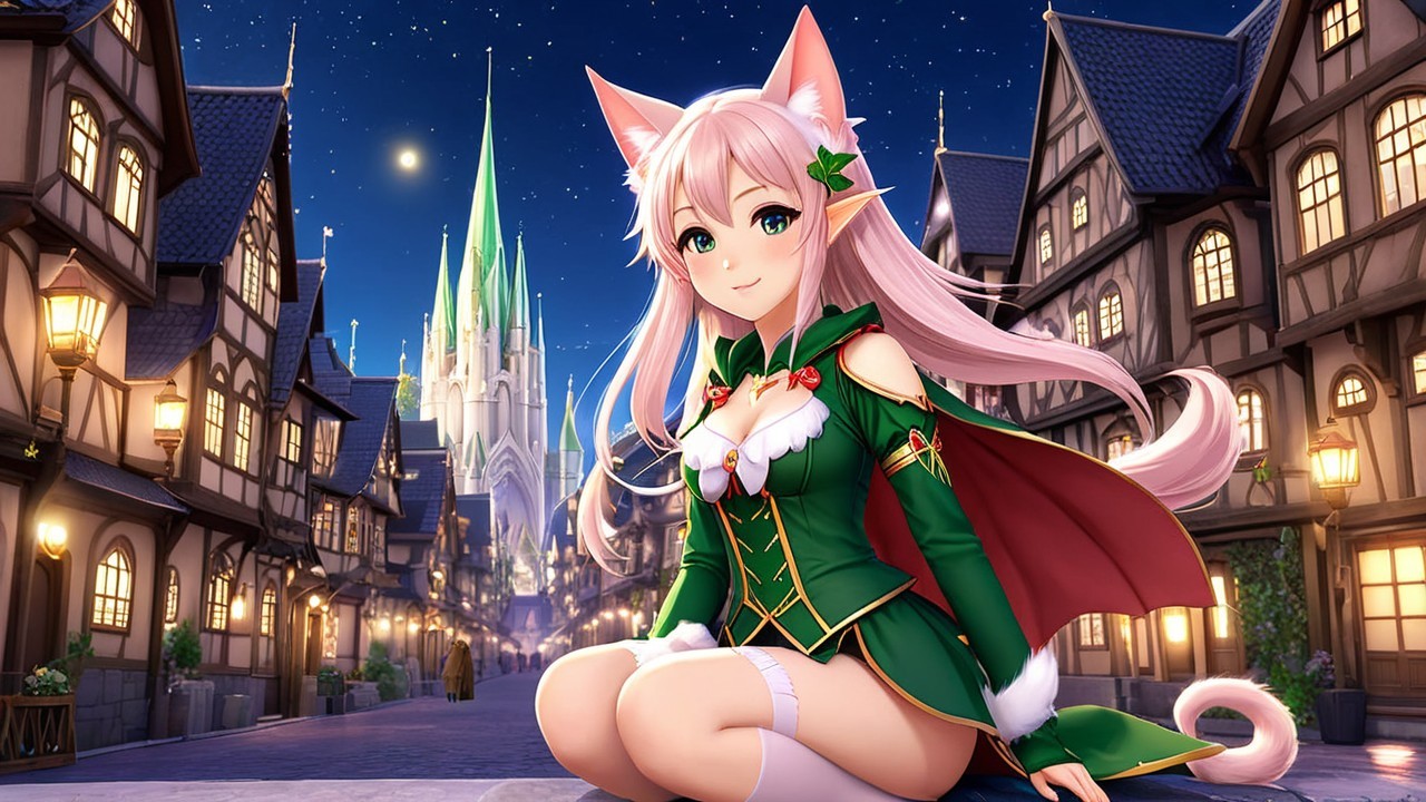 Whimsical Anime Character in Moonlit Medieval Street