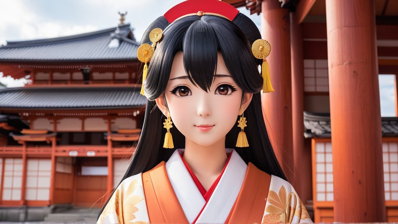 Female Character in Traditional Japanese Attire with Temple