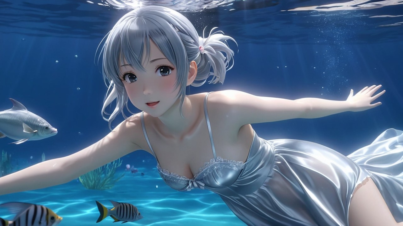 Underwater Scene with Silver-Haired Woman and Fish