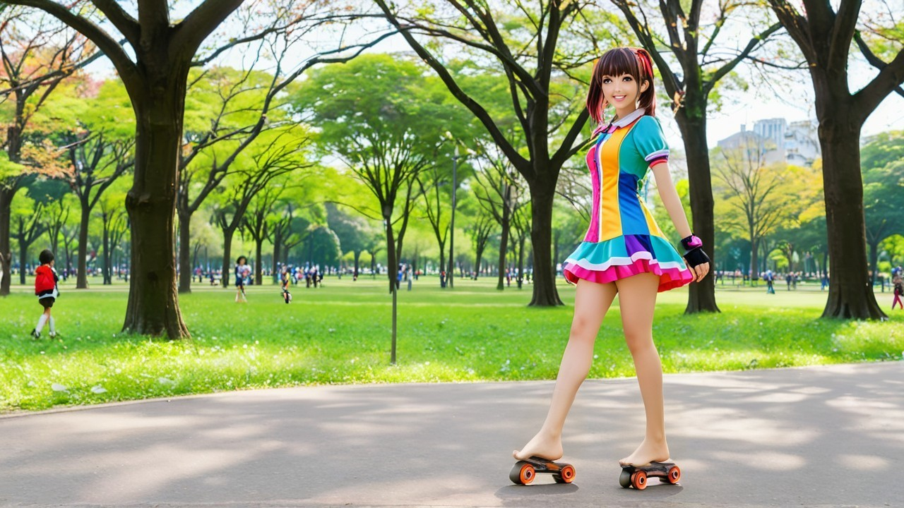 Young woman skating in vibrant dress at sunny park