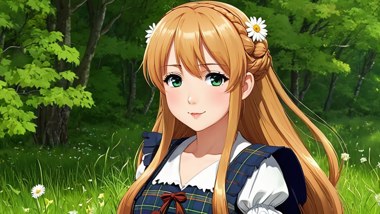 Young woman in traditional outfit in a green forest