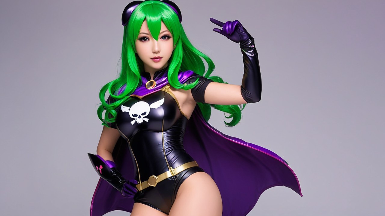 Stylish character in black and purple costume with cape