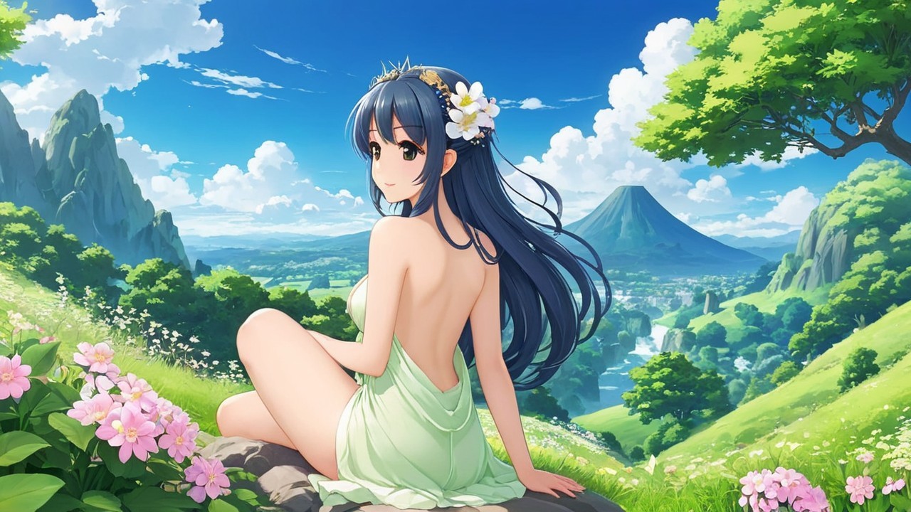 Serene landscape with a woman in a green garment