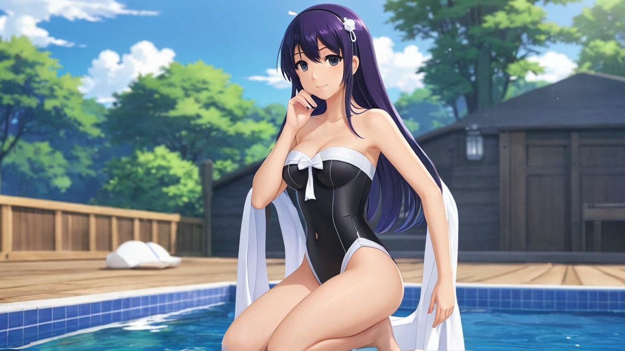 Young woman in black swimsuit by a sunny pool