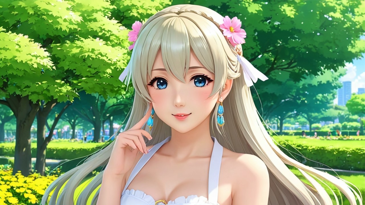 Youthful Character in Vibrant Park Setting with Flowers