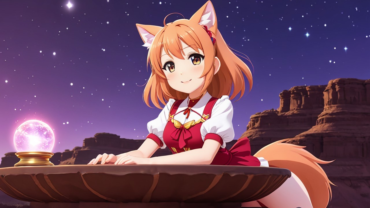 Anime Girl with Fox Ears in Desert Night Scene