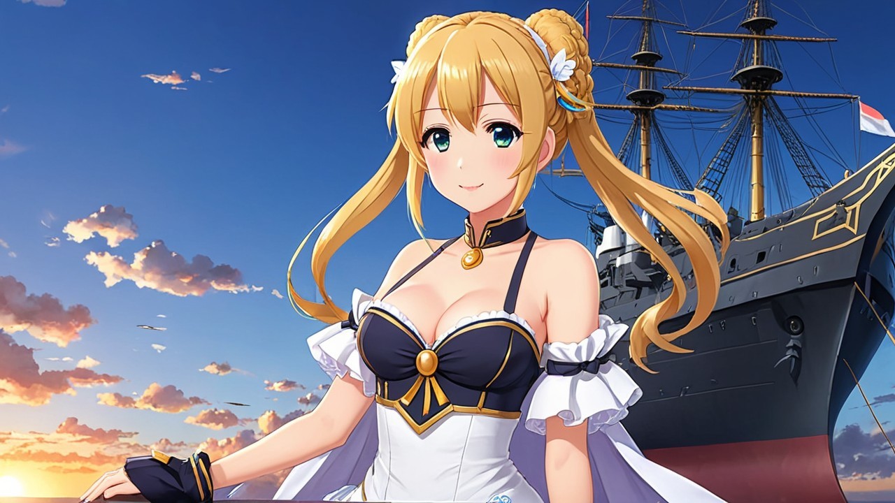 Cheerful anime character at sunset by a ship